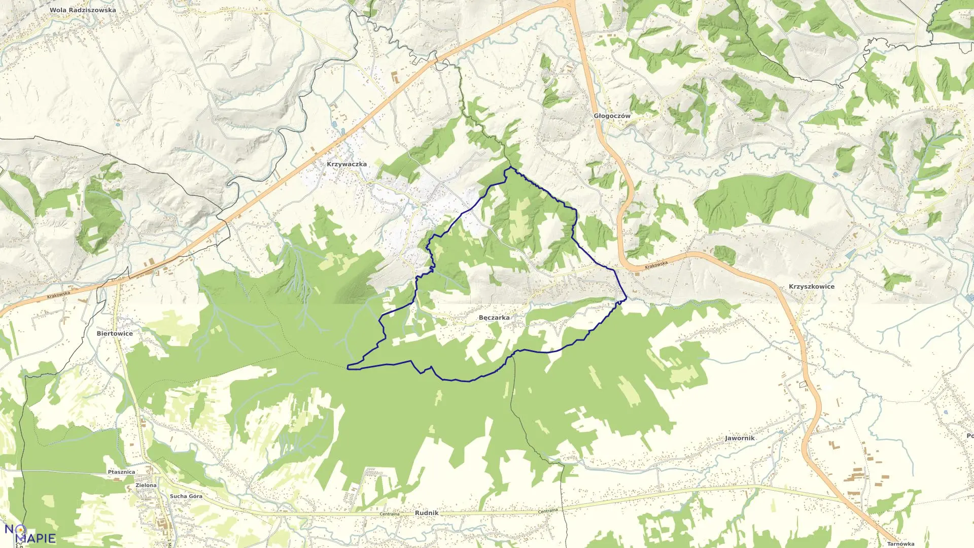 Mapa obrębu Bęczarka w gminie Myślenice