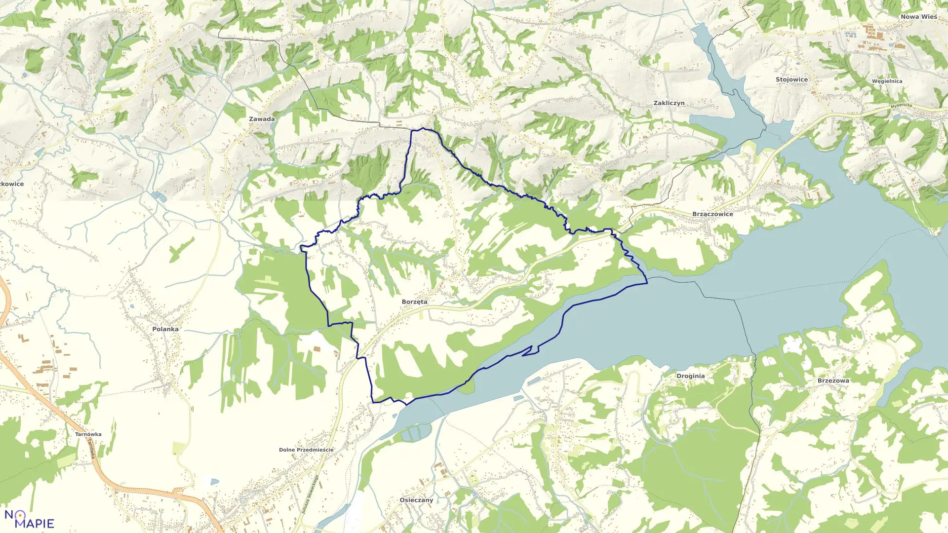 Mapa obrębu Borzęta w gminie Myślenice
