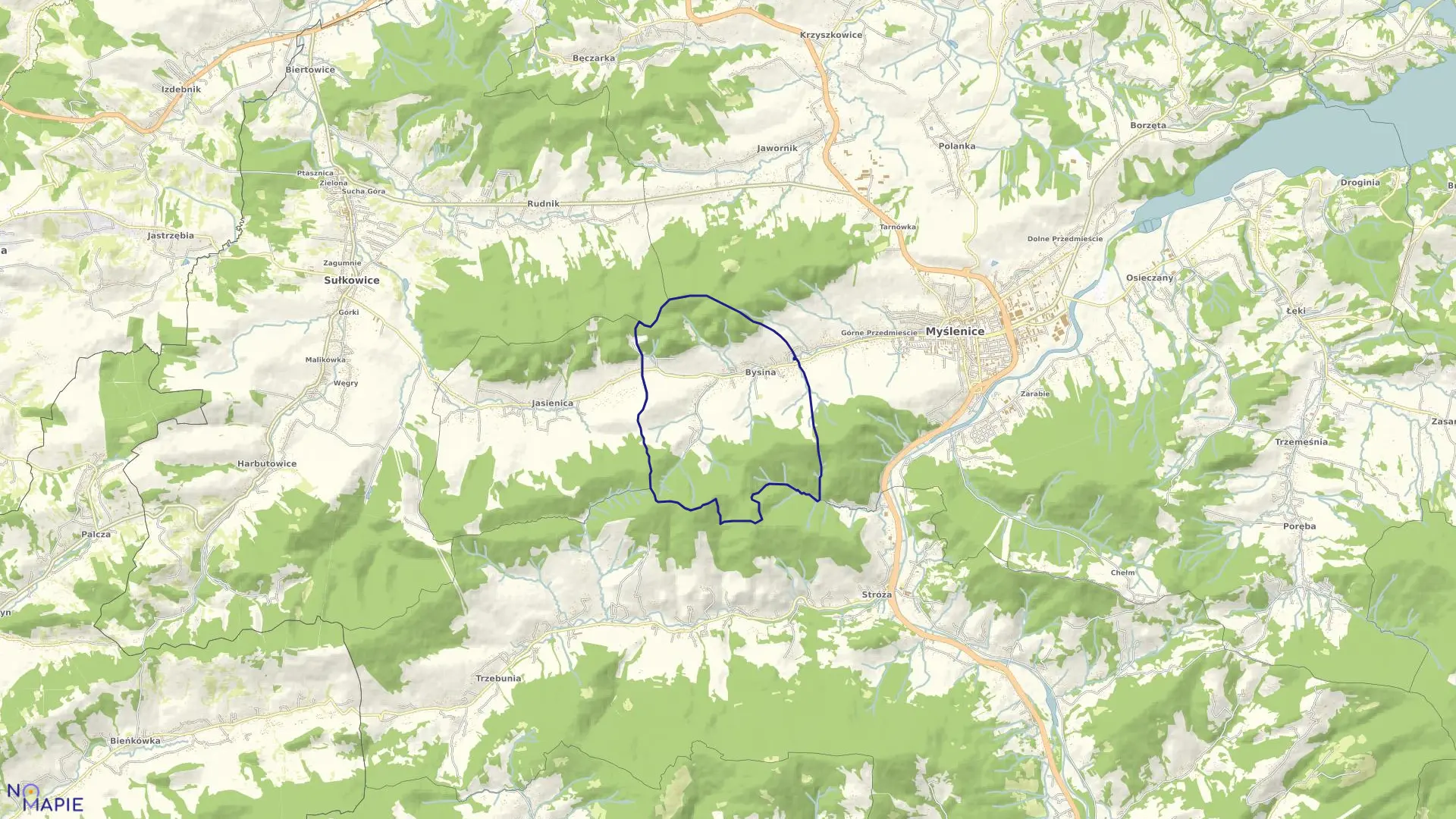 Mapa obrębu Bysina w gminie Myślenice