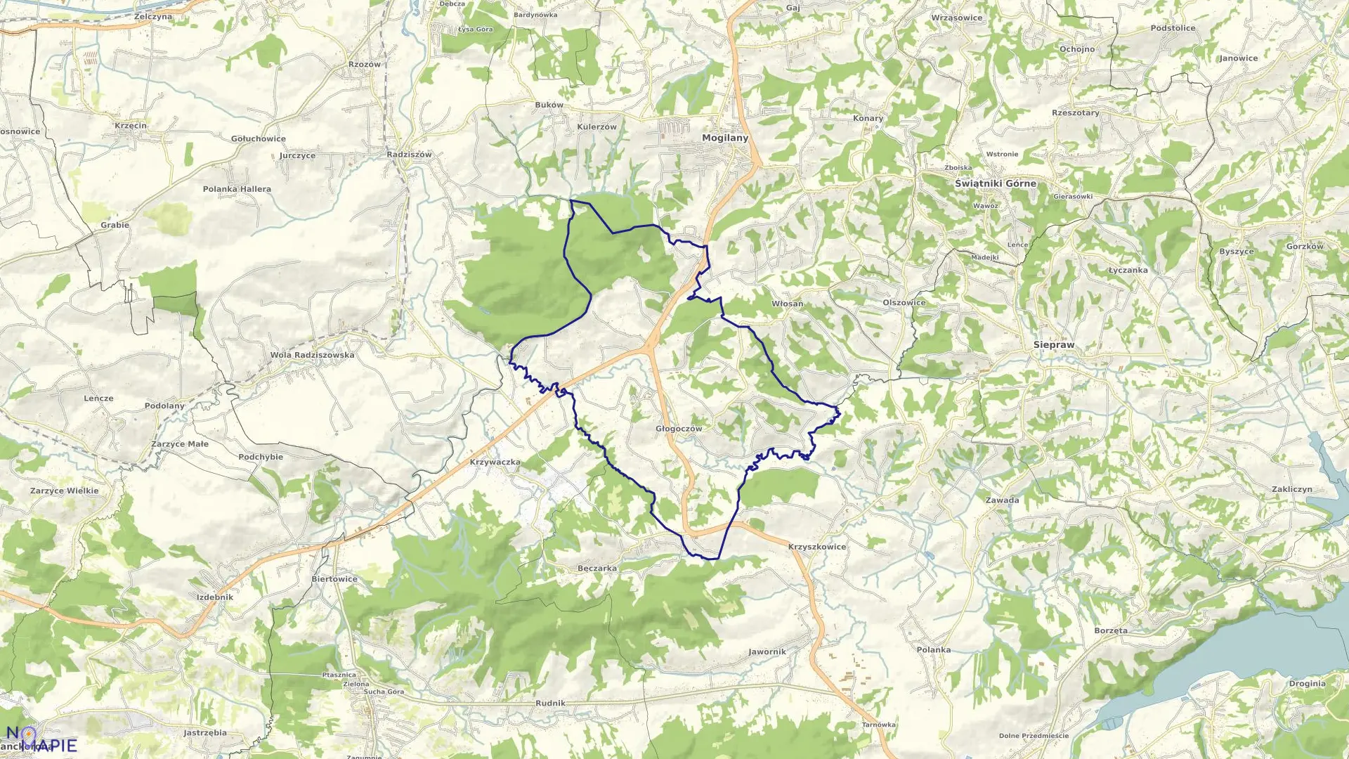 Mapa obrębu Głogoczów w gminie Myślenice