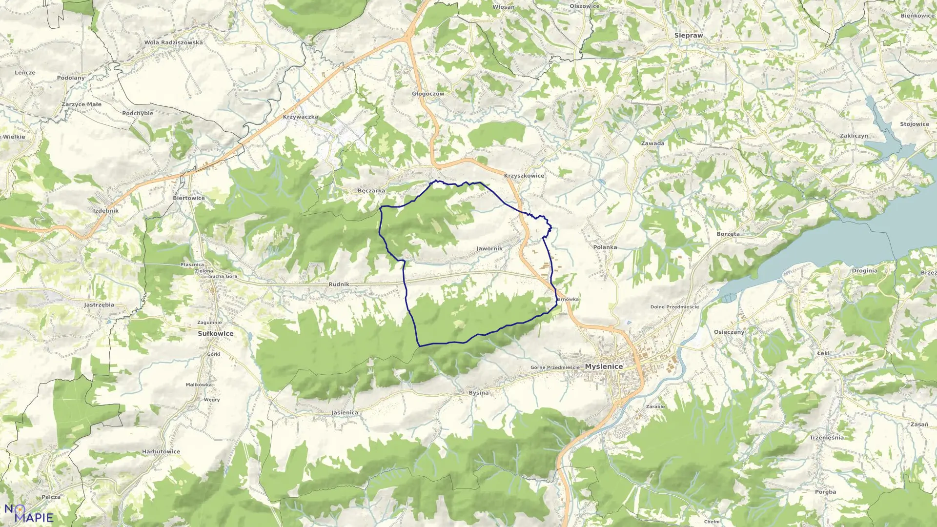 Mapa obrębu Jawornik w gminie Myślenice