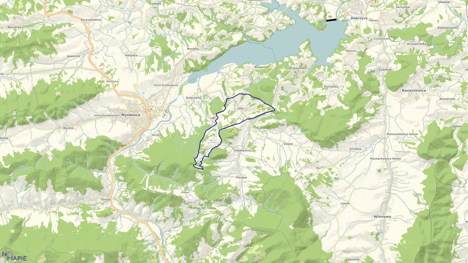 Mapa obrębu Łęki w gminie Myślenice