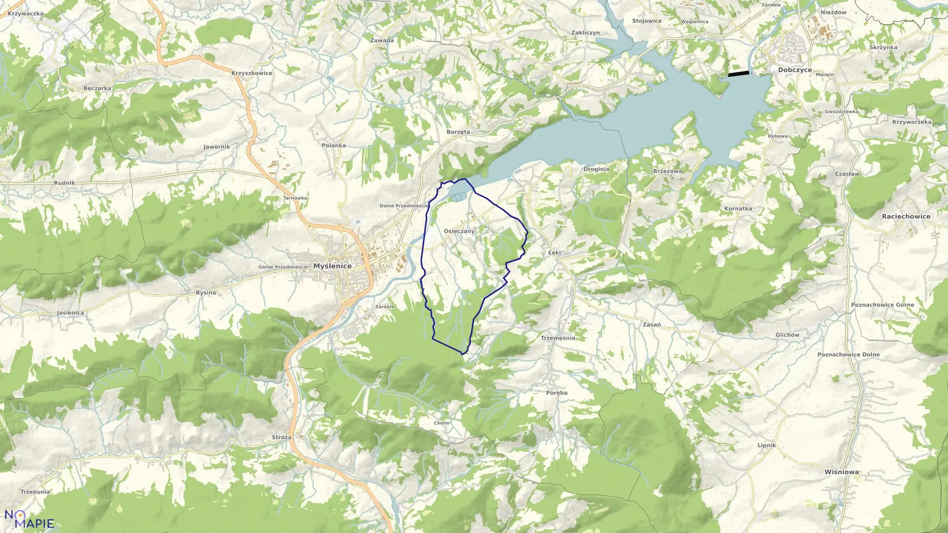 Mapa obrębu Osieczany w gminie Myślenice