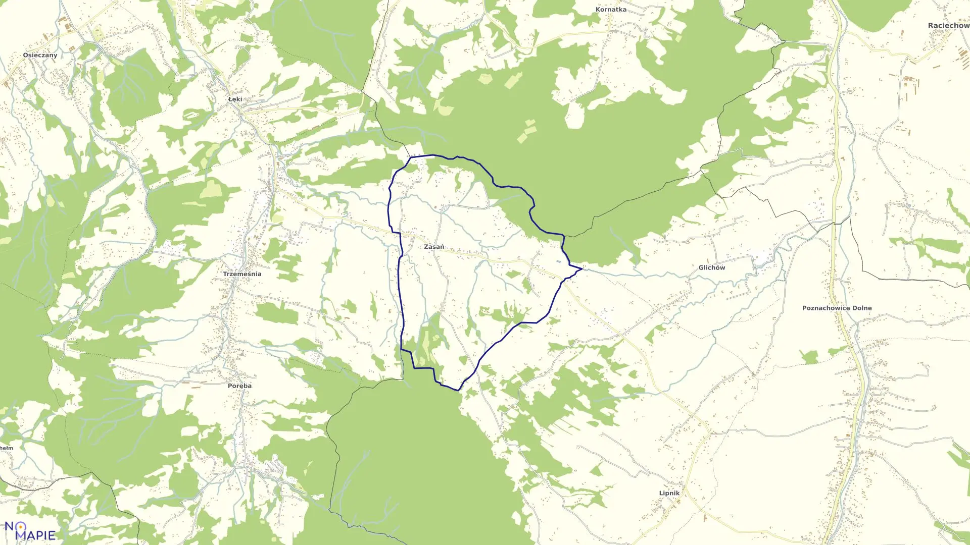 Mapa obrębu Zasań w gminie Myślenice